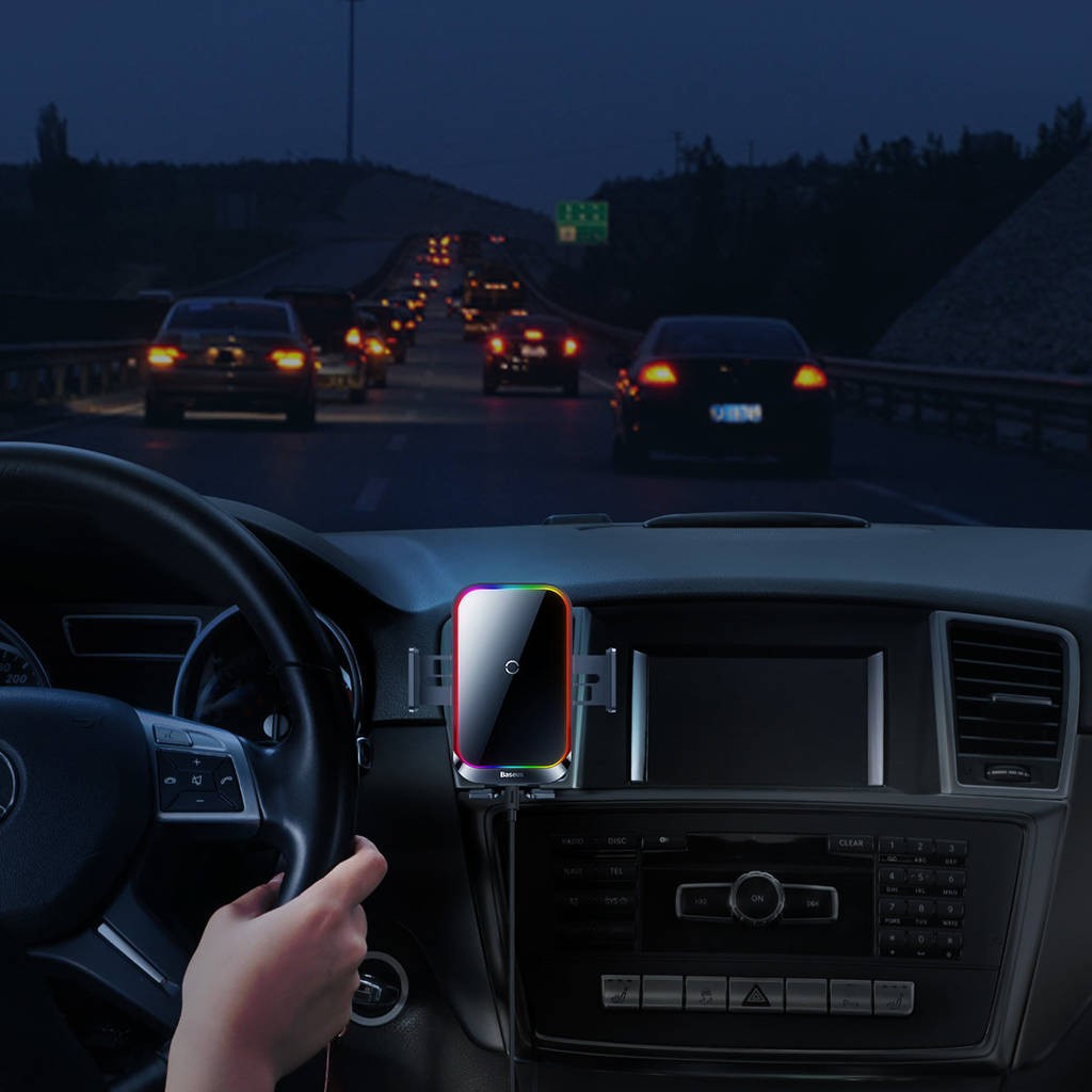 پایه نگهدارنده و شارژر بی سیم بیسوس مدل Halo Electric Wireless Charging Car Mount (15W)