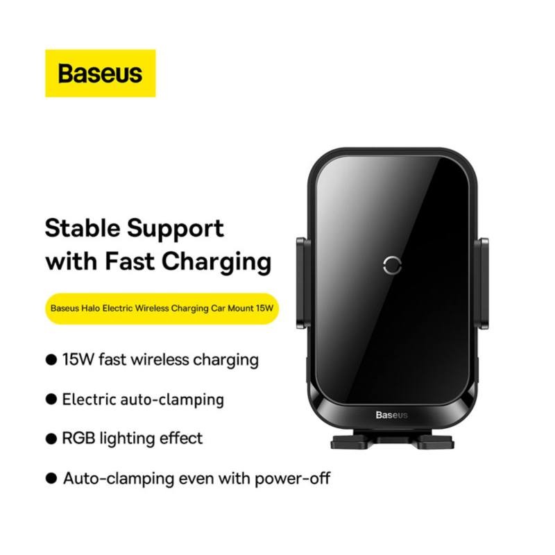 پایه نگهدارنده و شارژر بی سیم بیسوس مدل Halo Electric Wireless Charging Car Mount (15W)