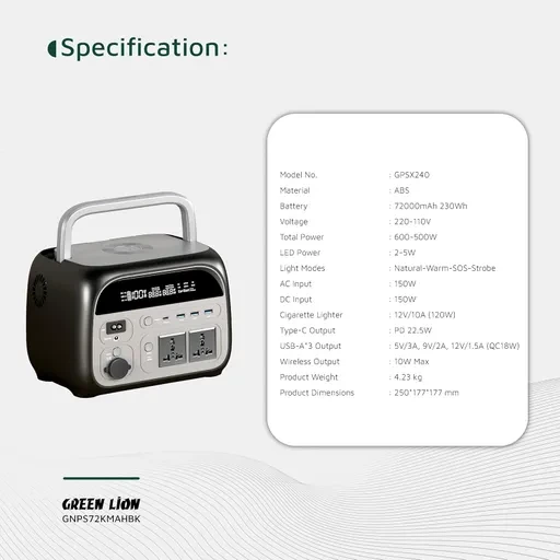 پاوربانک گرین لاین 600 وات مدل Greenlion Portable Power Station ظرفیت 72000 میلی آمپر ساعت