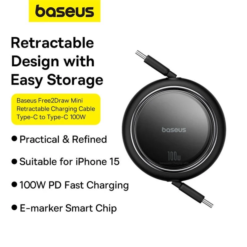 کابل تبدیل Type-C به Type-C باسئوس مدل Baseus Free2Draw Mini Retractable 100W طول 1متر