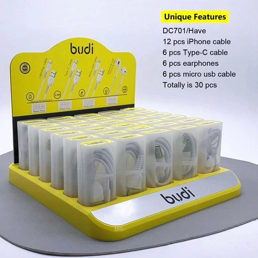 پک 30 عددی کابل شارژ USB به لایتنینگ/USB-C/MicroUSB و هندزفری بودی مدل Budi DC701