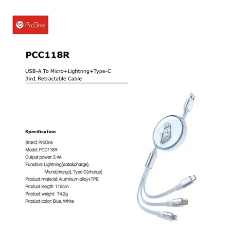 کابل تبدیل USB به USB-C / microUSB / لایتنینگ پرووان مدل ProOne PCC118R جریان 2.4 آمپر طول 1.1 متر