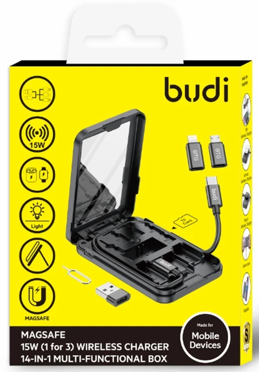 شارژر بی سیم بودی 15 وات سه در یک و کیت 14کاره مدل Budi WL511B