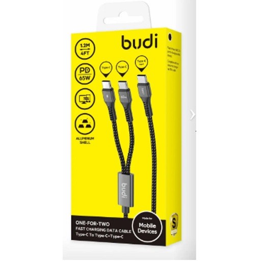 کابل شارژ کنفی یک به دو ‌USB-C به ‌USB-C بودی مدل Budi DC210C2C12B توان 65 وات طول 1.2 متر
