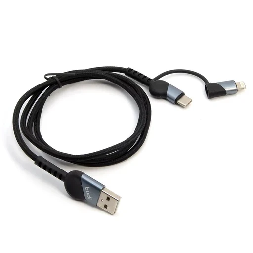 کابل شارژ کنفی USB به USB-C / لایتنینگ بودی مدل Budi DC231TL10B توان 65 وات طول 1 متر
