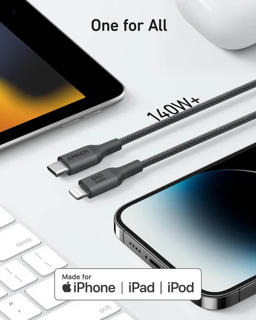 کابل شارژ USB-C به لایتنینگ انکر مدل ANKER 542 (Bio-Nylon) A80B6 طول 2 متر
