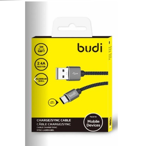 کابل شارژ کنفی USB به ‌USB-C بودی مدل Budi DC206T30B طول 3 متر