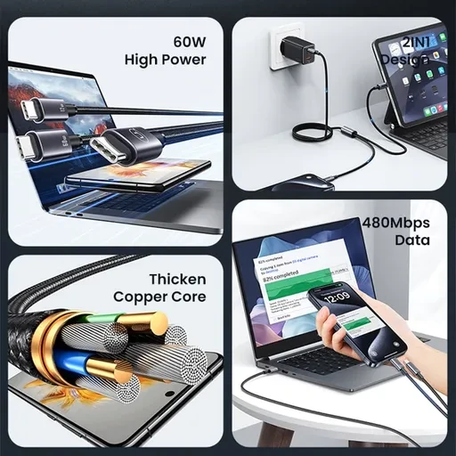 کابل شارژ USB-C به USB-C یوسمز مدل Usams Sufeng Series SJ740 2in1 طول 1.2 متر 2 در یک توان 72 وات