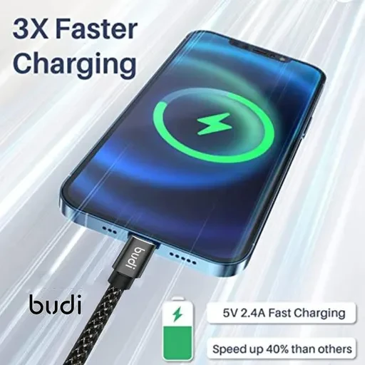 کابل شارژ کنفی USB به لایتنینگ بودی مدل Budi DC206L20B طول 2 متر
