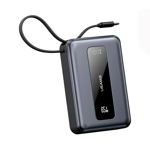 پاوربانک یوسمز 65 وات مدل Usams CD243 20KCD24301 دارای کابل USB-C متصل ظرفیت 20000 میلی آمپر