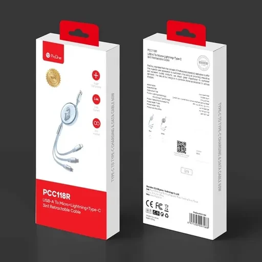 کابل تبدیل USB به USB-C / microUSB / لایتنینگ پرووان مدل ProOne PCC118R جریان 2.4 آمپر طول 1.1 متر