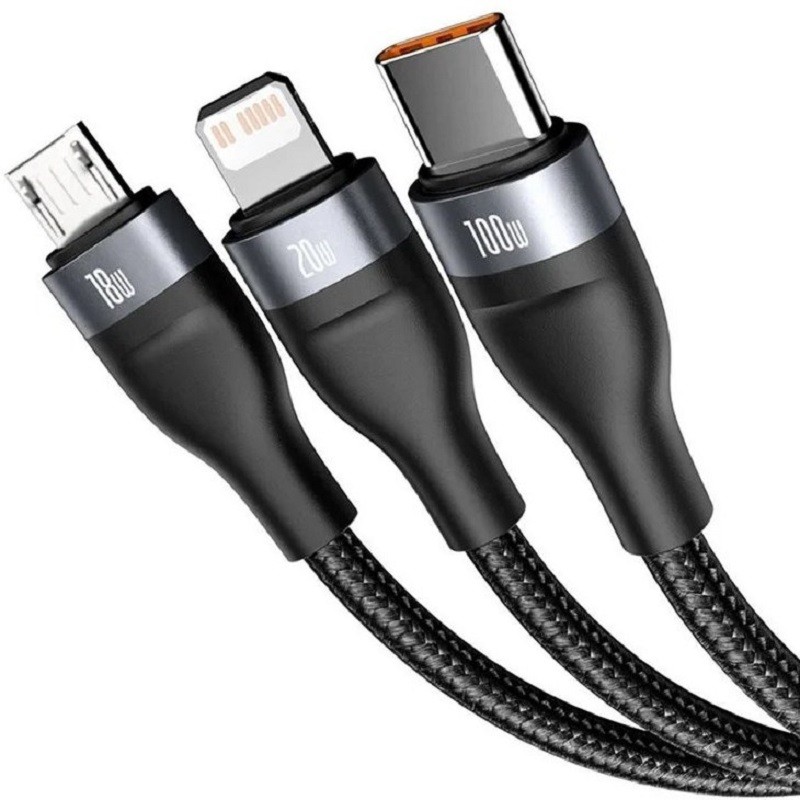 کابل 3 در 1 باسئوس فست شارژ مدل Baseus Flash Series Ⅱ One-for-three Fast Charging USB to M+L+C (1.2M 100W)