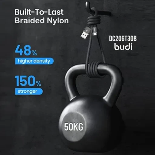 کابل شارژ کنفی USB به ‌USB-C بودی مدل Budi DC206T30B طول 3 متر