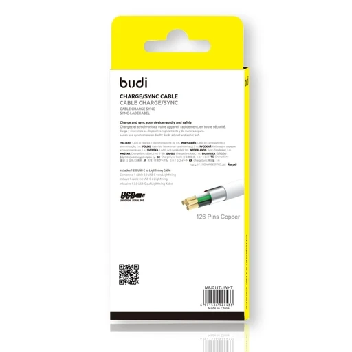 کابل شارژ USB-C به لایتنینگ بودی مدل Budi DC011TL10W جریان 2.4 آمپر طول 1 متر