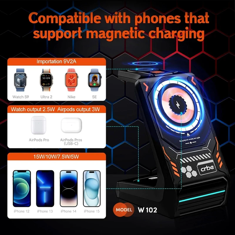 شارژر رومیزی بی سیم 15 وات کربی مدل W102 3IN1