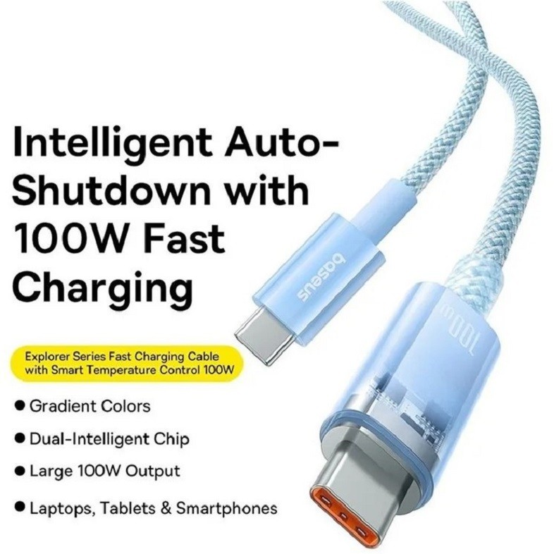 کابل تبدیل Type C به Type C باسئوس مدل Explorer Fast Charging with Smart Temperature Control با توان 100وات به طول 2 متر