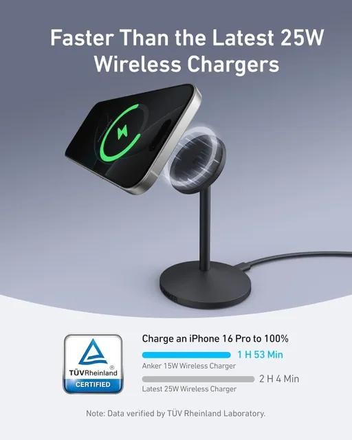 شارژر بی سیم 15 وات انکر مدل MagGo Wireless Charger Stand Qi2 A25X1 به همراه کابل USB-C