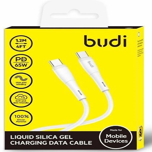 کابل شارژ سیلیکونی USB-C به USB-C بودی مدل Budi DC237TT12W توان 65 وات طول 1.2 متر