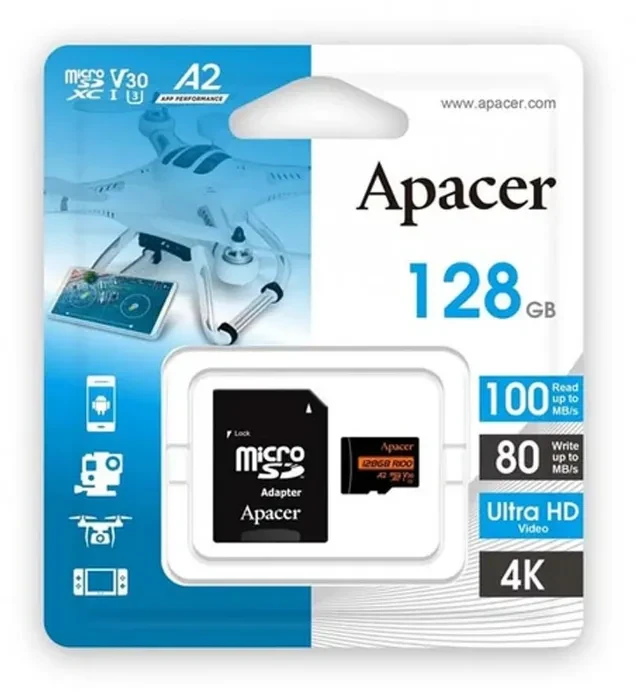 کارت حافظه میکرو اس دی اپیسر مدل MicroSD XC CL10 U3 UHS l V30 A2 W/1 100/80 به همراه آداپتور ظرفیت 128 گیگابایت