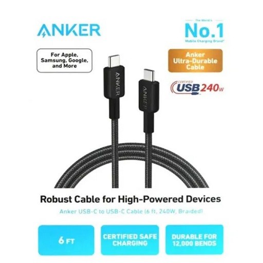 کابل شارژ کنفی USB-C به USB-C انکر مدل Anker 310 A81D6 توان 240 وات طول 1.8 متر