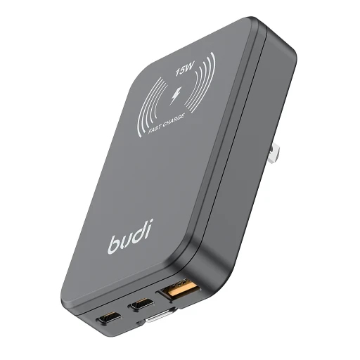 شارژر 30 وات بودی مدل Budi AC336WSB با 2 خروجی USB-C، یک خروجی USB و شارژر بی سیم