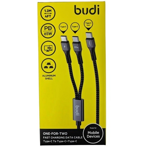 کابل شارژ کنفی یک به دو ‌USB-C به ‌USB-C بودی مدل Budi DC210C2C12B توان 65 وات طول 1.2 متر
