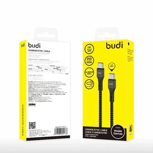 کابل شارژ کنفی USB-C به USB-C بودی مدل Budi DC210TT10B توان 65 وات طول 1 متر