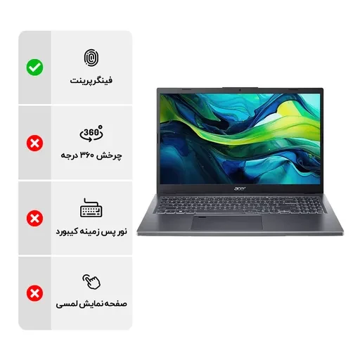 لپ تاپ 15.6 اینچی ایسر مدل Acer Aspire 15 A15 51M 5996 i5 13420H 8GB LPDDR5 512GB SSD