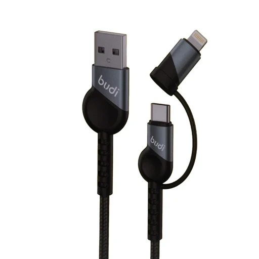 کابل شارژ کنفی USB به USB-C / لایتنینگ بودی مدل Budi DC231TL10B توان 65 وات طول 1 متر