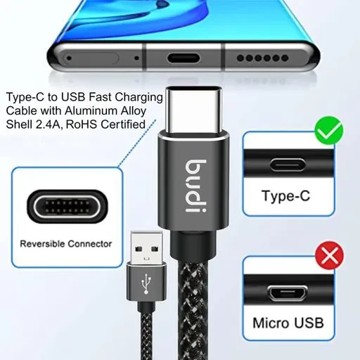 کابل شارژ کنفی USB به ‌USB-C بودی مدل Budi DC206T30B طول 3 متر