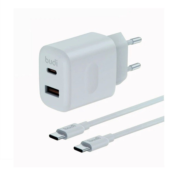 شارژر دیواری بودی مدل Budi AC306ETTW30 با خروجی USB و USB-C و توان 30 وات به همراه کابل USB-C به USB-C