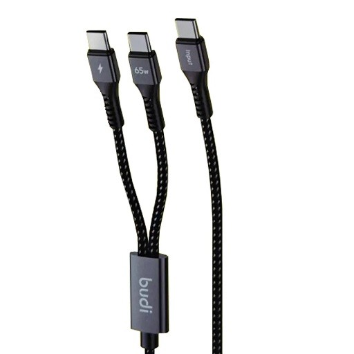 کابل شارژ کنفی یک به دو ‌USB-C به ‌USB-C بودی مدل Budi DC210C2C12B توان 65 وات طول 1.2 متر