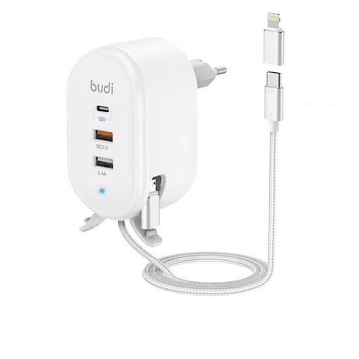 شارژر دیواری بودی مدل Budi M8J312TE با خروجی USB و USB-C و کابل تبدیل USB-C به microUSB/لایتنینگ و توان 30 وات