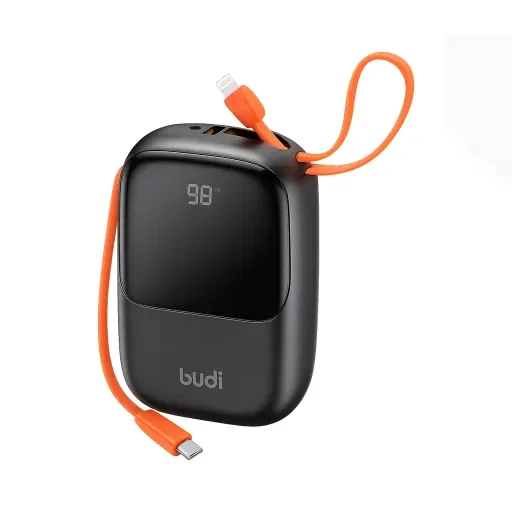 پاوربانک بودی توان 22.5 وات بودی مدل Budi PB812B به همراه کابل USB-C و لایتنینگ ظرفیت  20000 میلی آمپر ساعت