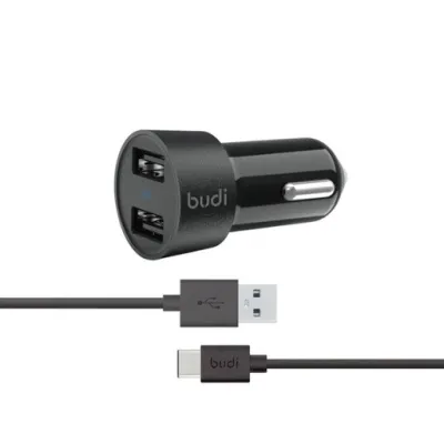 شارژر فندکی بودی مدل Budi M8J622TB با 2 خروجی USB توان 24 وات به همراه کابل USB به USB-C