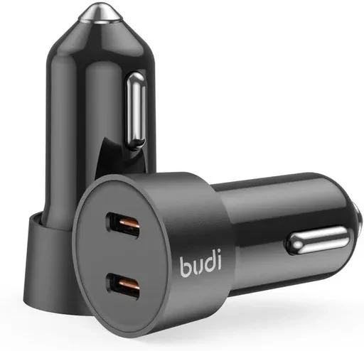 شارژر فندکی 33 وات بودی مدل Budi CC622RTTB با دو خروجی USB-C و کابل شارژ USB-C