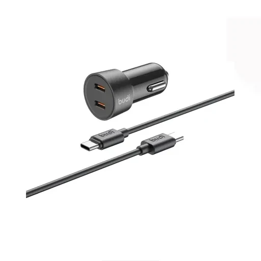 شارژر فندکی 33 وات بودی مدل Budi CC622RTTB با دو خروجی USB-C و کابل شارژ USB-C