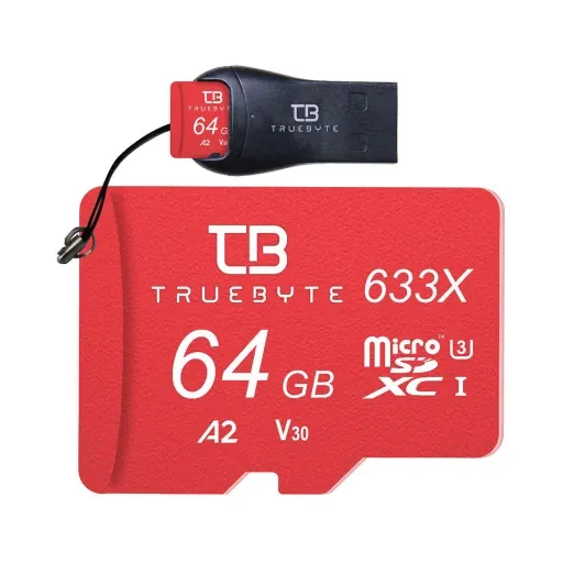 کارت حافظه میکرو اس دی تروبایت مدل Truebyte 633X MicroSD XC V30 A2 Class 10 UHS-I U3 4K W/A ظرفیت 64 گیگابایت به همراه کارت خوان
