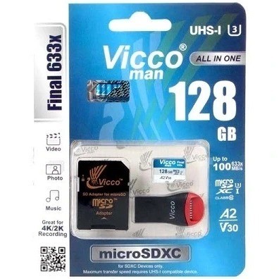 کارت حافظه microSDXC ویکومن Final 633X کلاس 10 استاندارد UHS-I U3 سرعت 100MBps ظرفیت 128 گیگابایت به همراه کارت خوان و خشاب