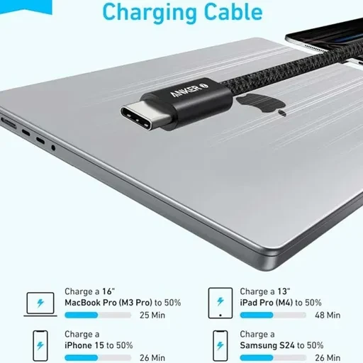 کابل شارژ کنفی USB-C به USB-C انکر مدل Zolo Cable Fast Charging A8060 توان 240 وات طول 1.8 متر