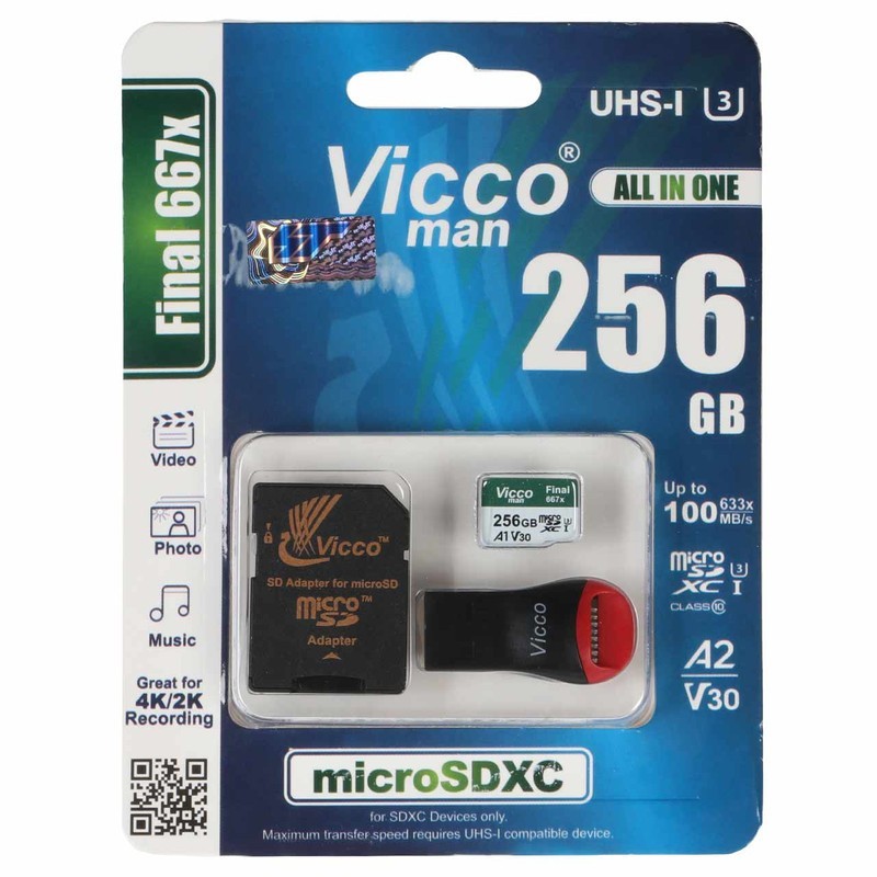 کارت حافظه microSDXC ویکومن Final 667X کلاس 10 استاندارد UHS-I U3 سرعت 100MBps ظرفیت 256 گیگابایت به همراه کارت خوان و خشاب
