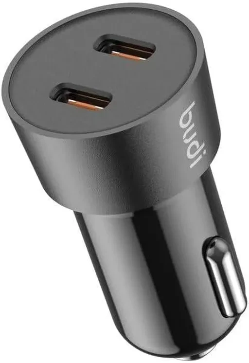 شارژر فندکی 33 وات بودی مدل Budi CC622RTTB با دو خروجی USB-C و کابل شارژ USB-C
