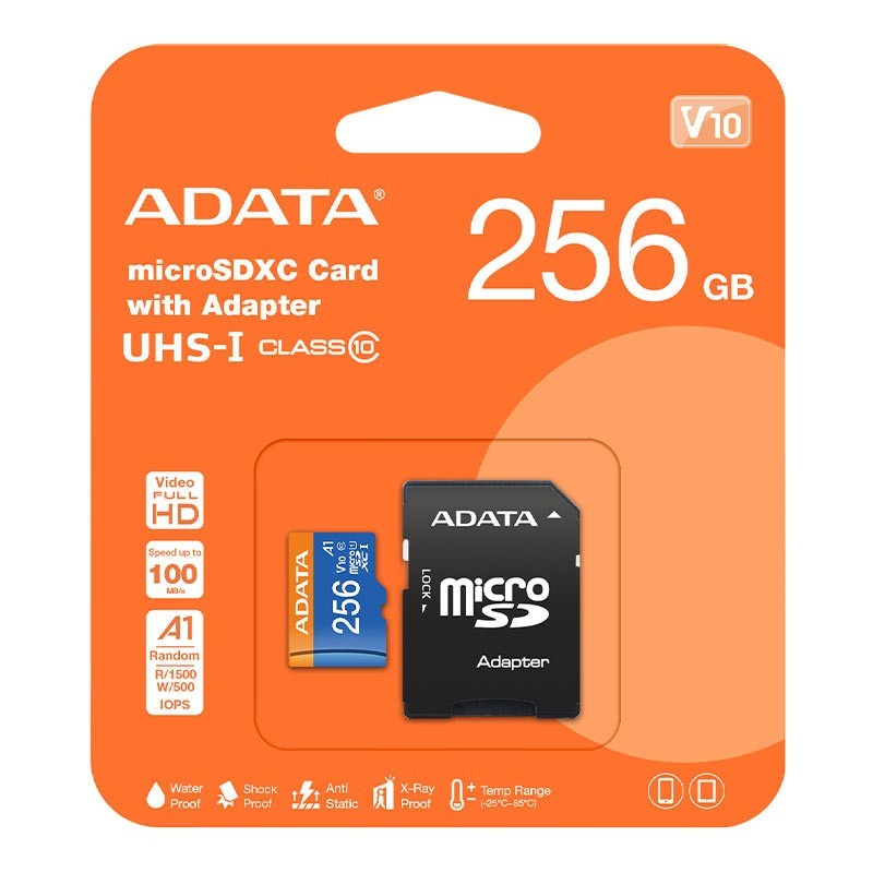 کارت حافظه microSDXC ای دیتا V10 R100W25 کلاس 10 استاندارد UHS-I U1 سرعت 100 MBps ظرفیت 256 گیگابایت به همراه آداپتور SD