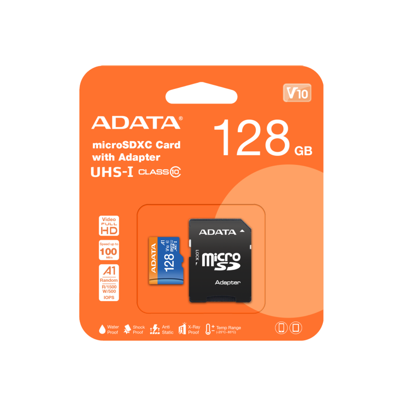 کارت حافظه microSDXC ای دیتا V10 R100W25 کلاس 10 استاندارد UHS-I U1 سرعت 100 MBps ظرفیت 128 گیگابایت به همراه آداپتور SD
